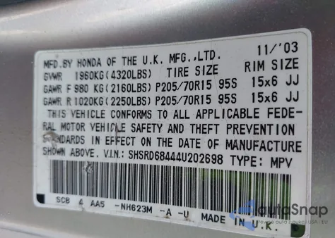 2004 Honda Cr-V Lx from USA, damaged, VIN SHSRD68444U202698